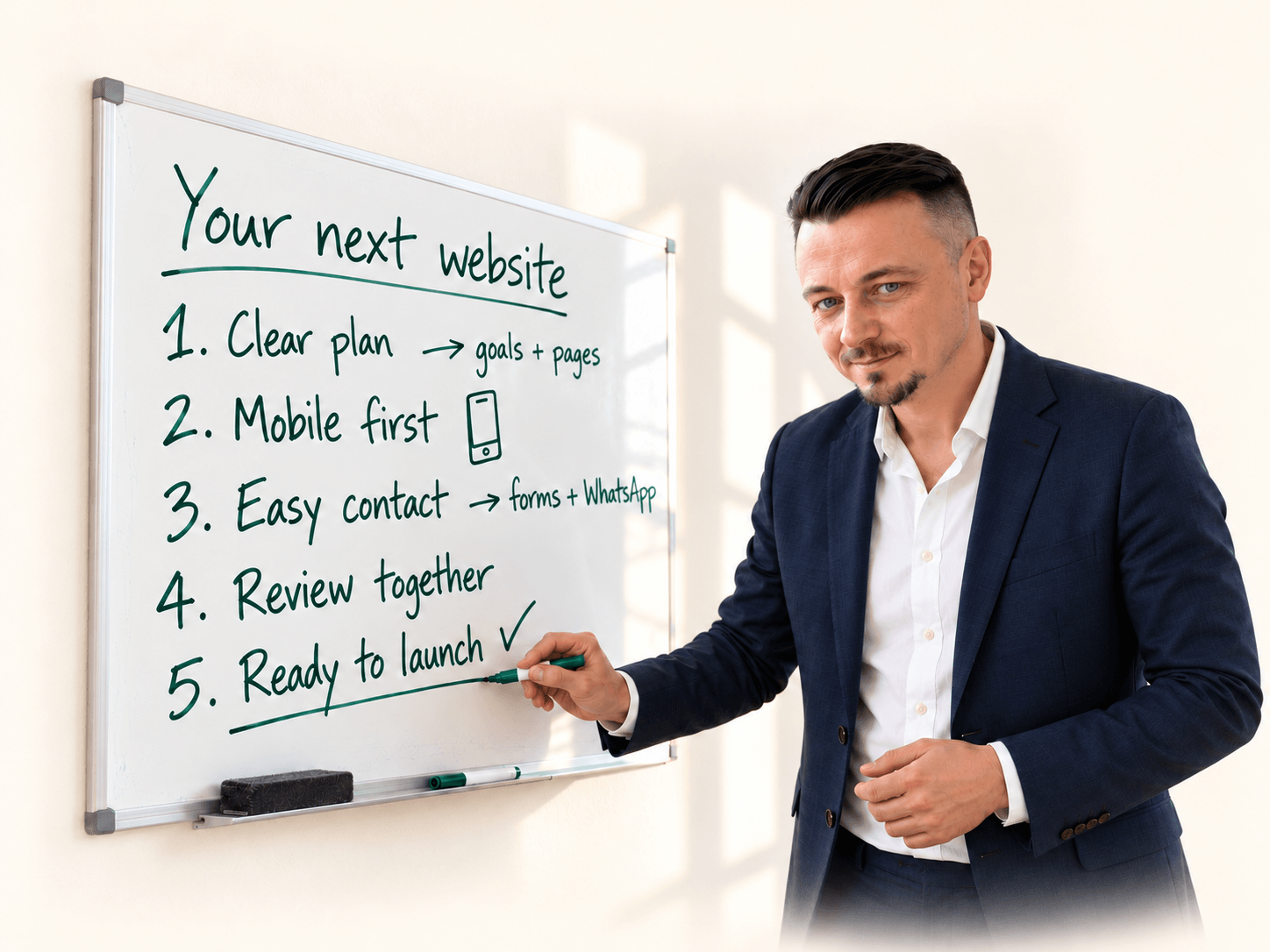 At the whiteboard: a clear plan, mobile design, easy contact, a shared review and launch.